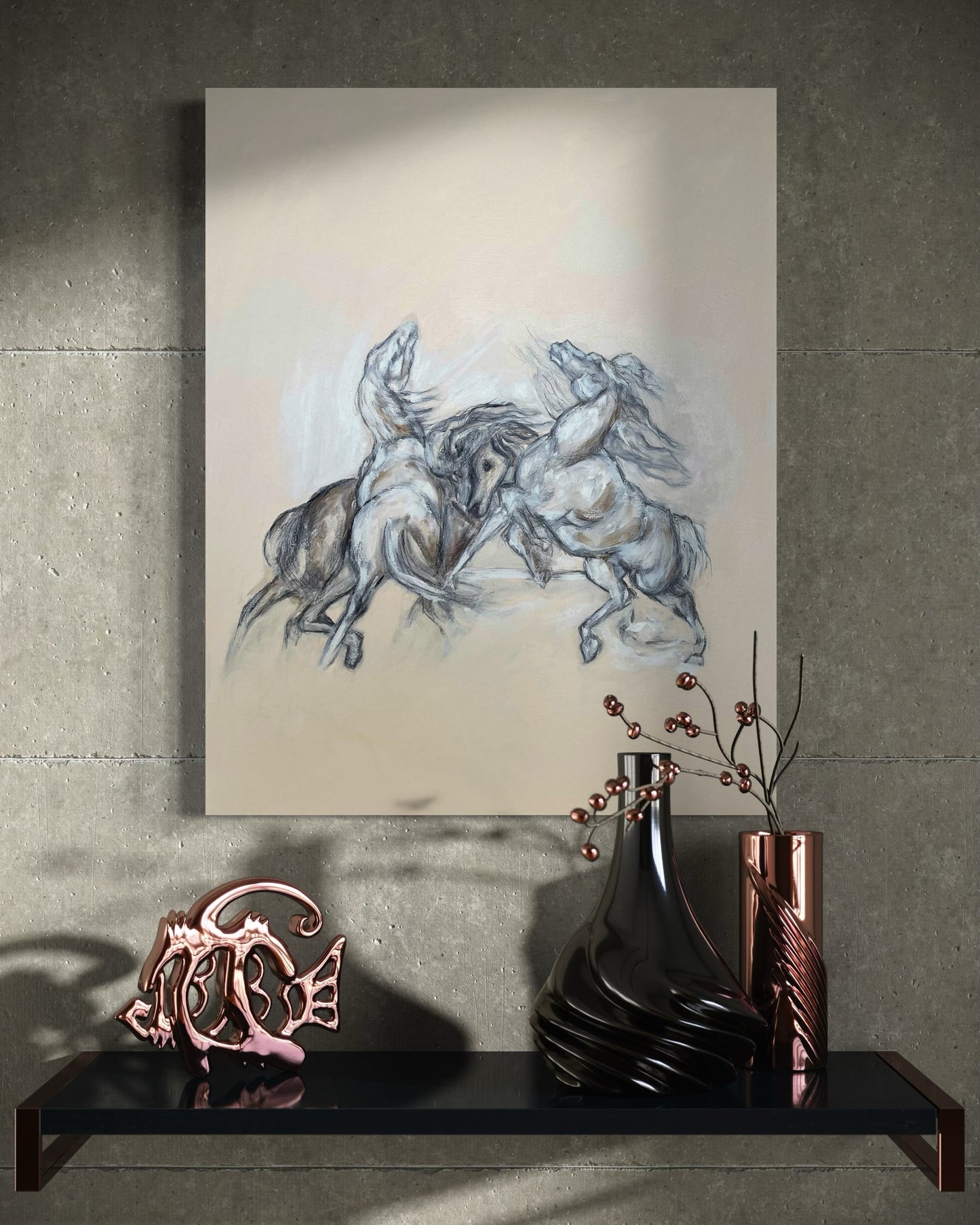 Trois chevaux cabrés et agités