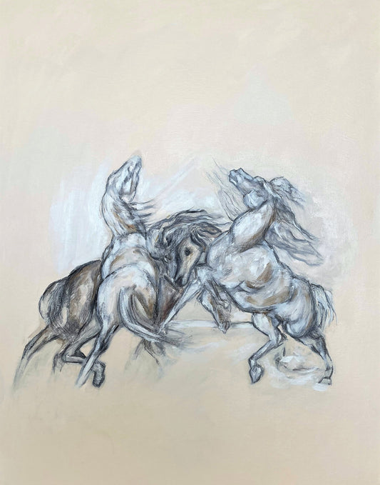 Trois chevaux cabrés et agités